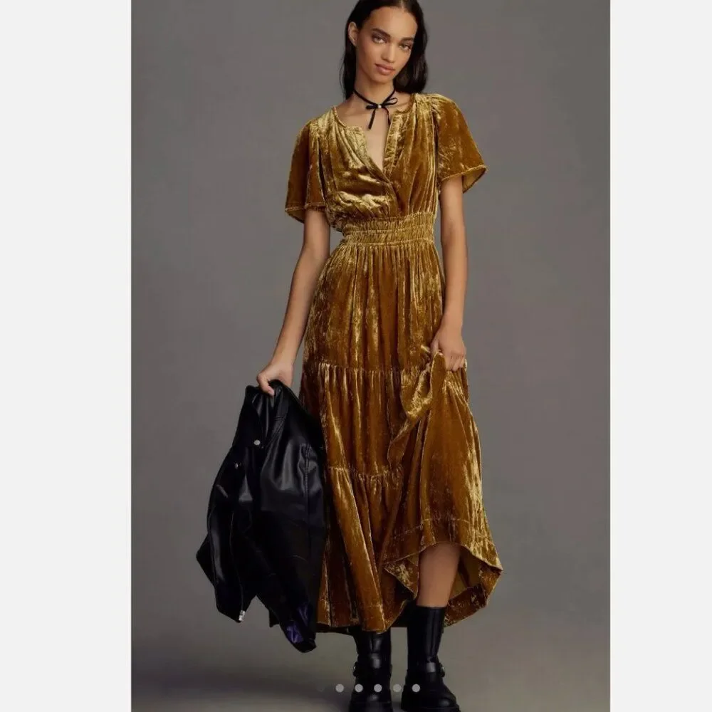 Anthropologie Gold Velvet Maxi Dress - Picture 7 of 11